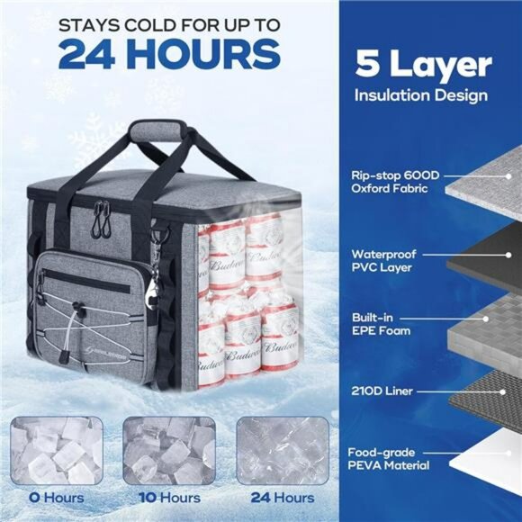 Large Soft Cooler Bag 30 Can Insulated Leakproof Beach Camping Travel Tote - Picture 2 of 7